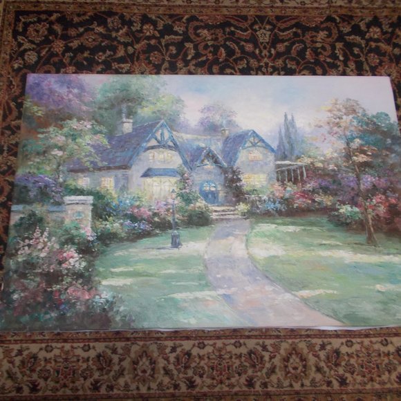 Large vintage cottage oil painting, approximately 24"x36" - Picture 2 of 3
